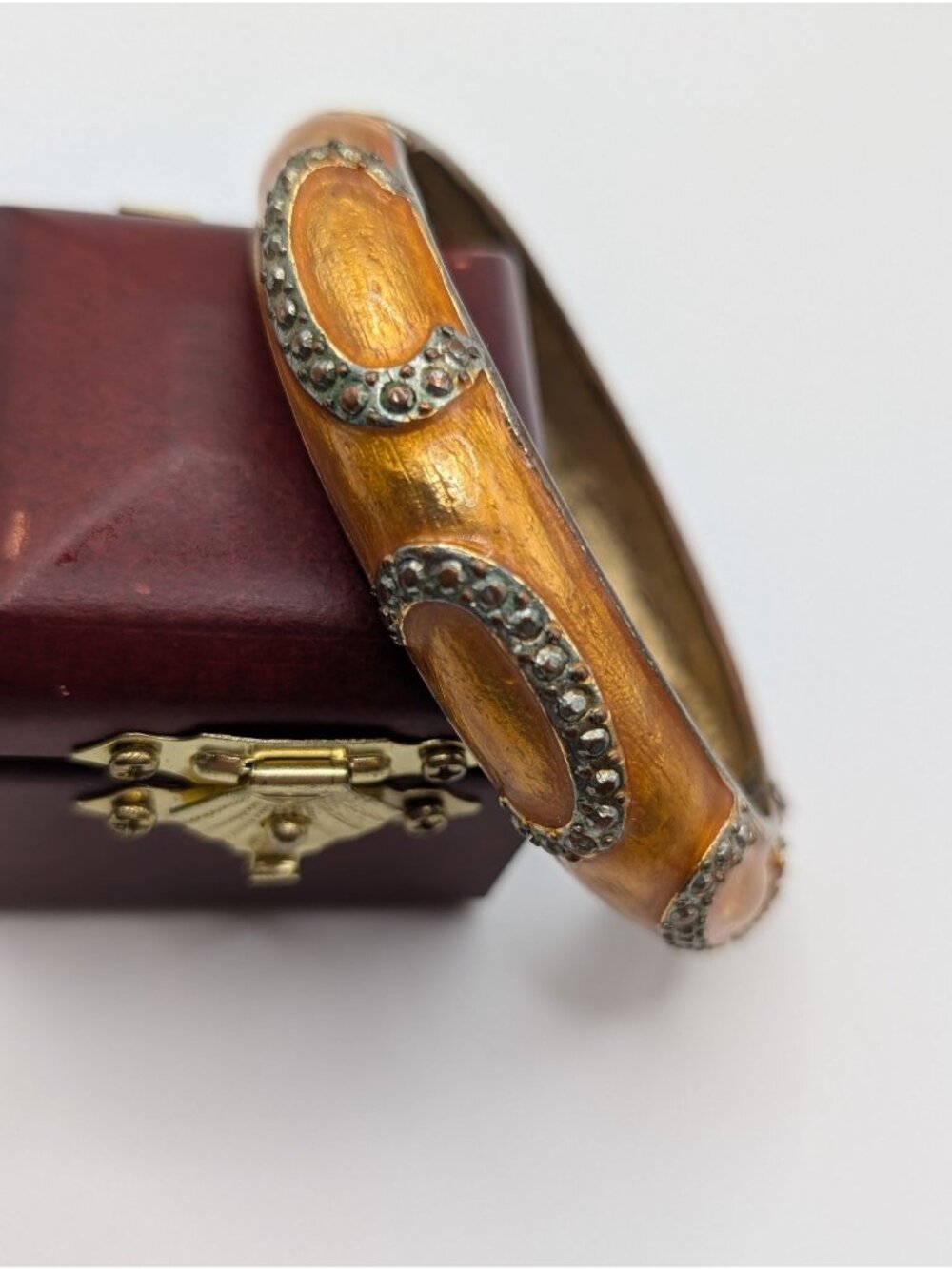 Vintage Amber Color Enamel Dome Hinged Bangle Bracelet -missing some rhinestones